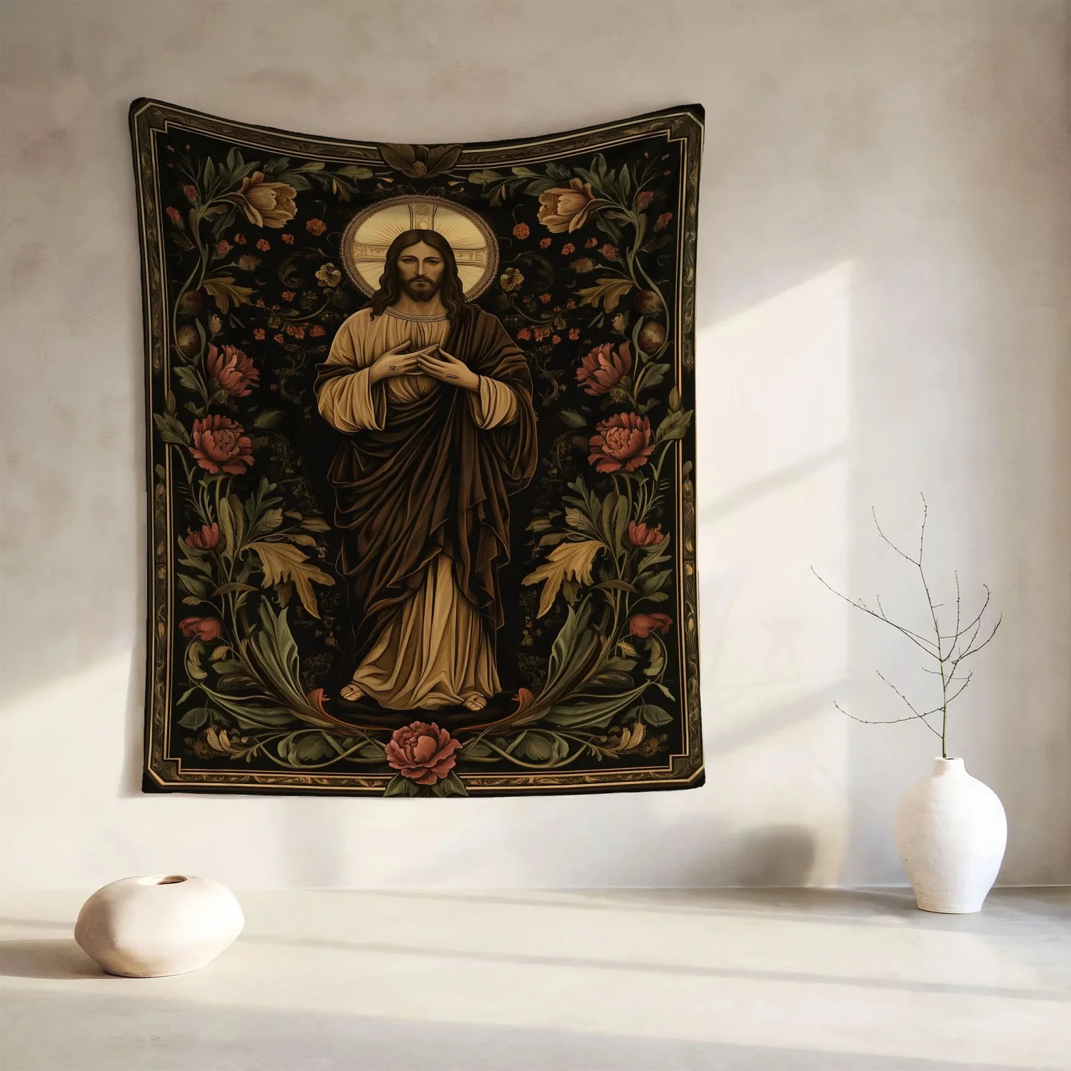 Jesus Christ Tapestry, Christian Wall Art, Art Nouveau Religious Wall Hanging, Catholic Home Decor,Easter Decor