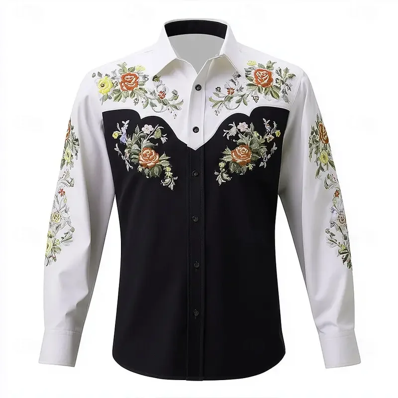 Kemeja Pria Lengan Panjang 2025 Motif Bunga Gaya Koboi Barat Pakaian Jalanan Musim Gugur Kasual Nyaman Bahan Poliester Slim Fit