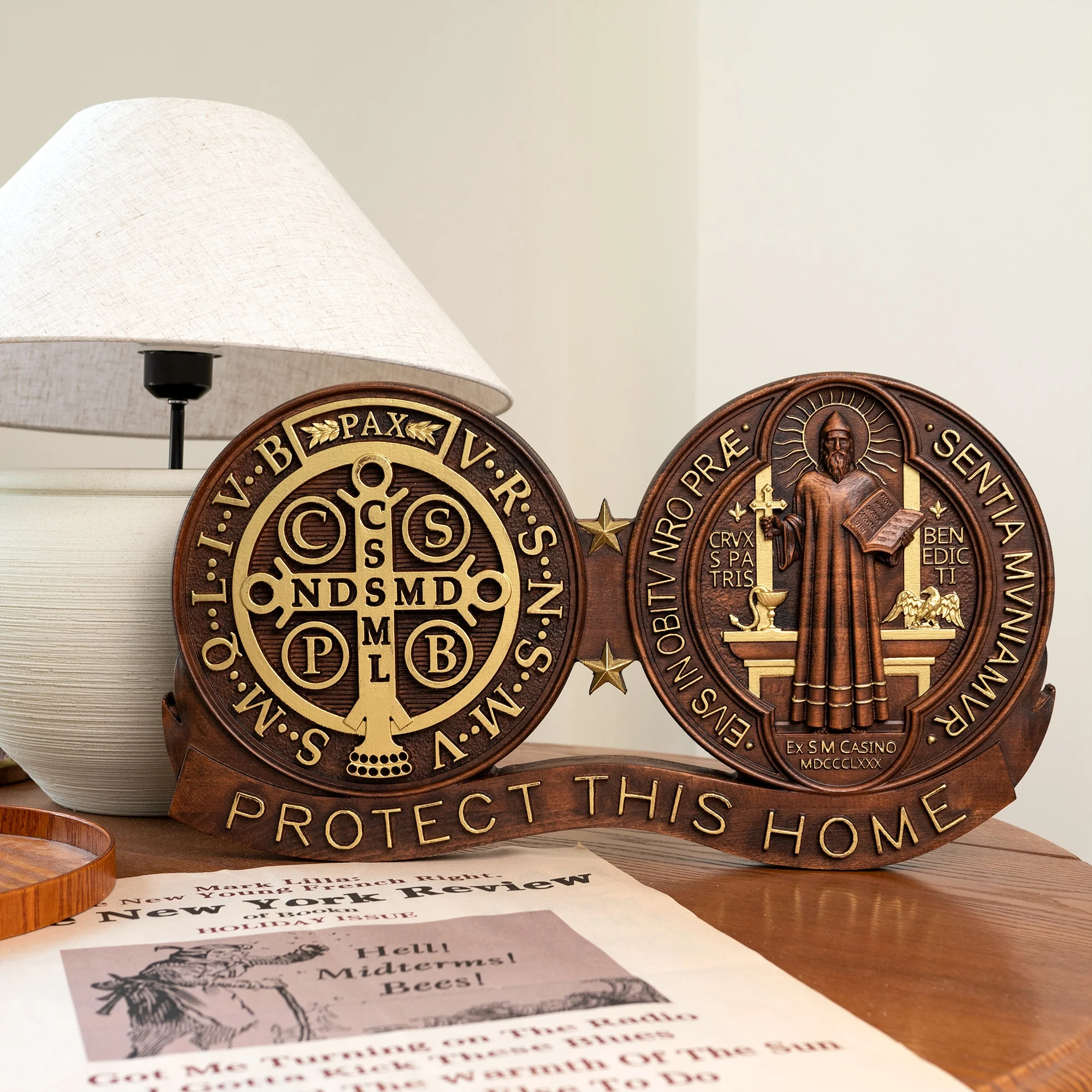 

St. Benedict medal ornaments, Catholic religious items, Catholic medals, wooden decorations, exorcisms, family protection