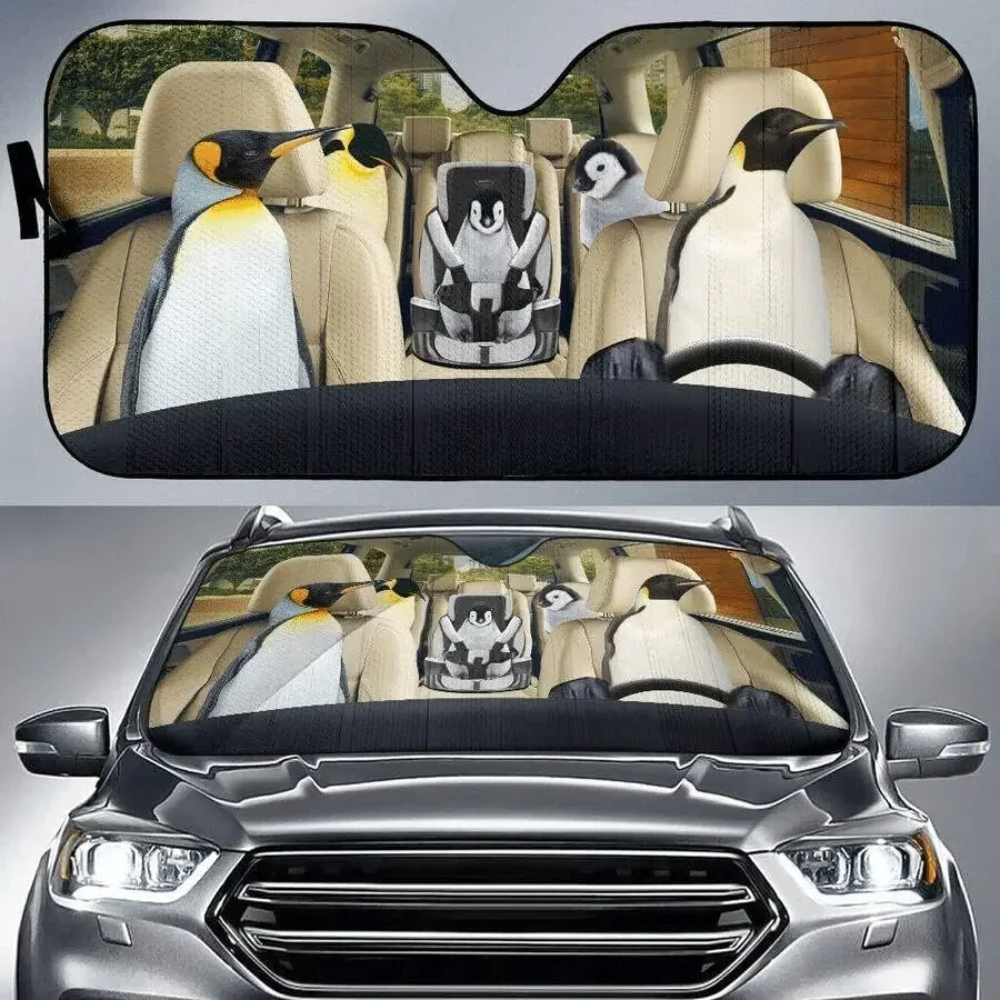 Pinguim engraçado família movido a esquerda pára-sol do carro, animais do mar do pinguim dirigindo sombra de sol automática, ideia de presente para o carro do amante do pinguim d