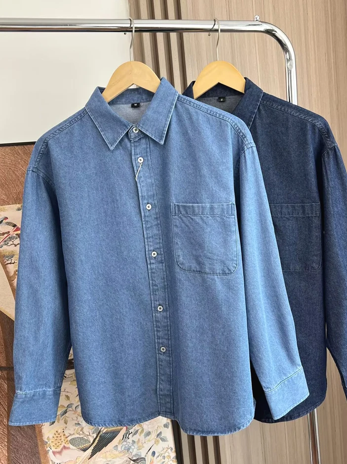 Retro American Washed Cotton Soft Denim Men's Shirt Casual Long Sleeve Pocket Workwear Jacket Trendy Open Cardigan Style