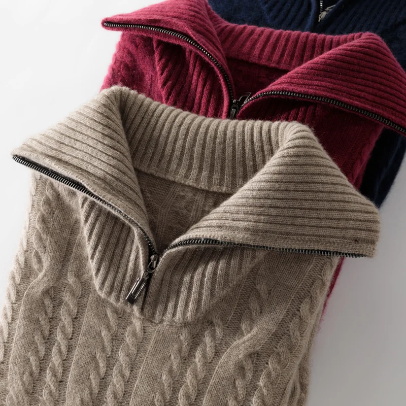 DjzDsm Men's 100% Pure Cashmere Pullover Sweater with Half Zip Flip Collar Knitted Wear Comfortable And Stylish Knitwear Top