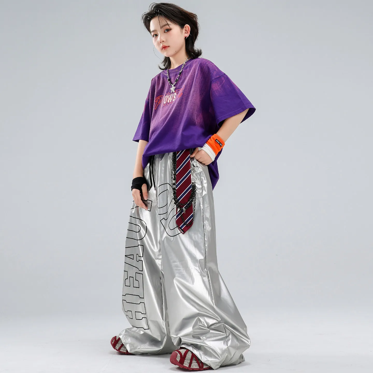 Kids Hip Hop Dance Clothing Set Gradient Color T-shirt & Silver Pants Unisex Streetwear for Boys Girls K-pop Jazz Costumes