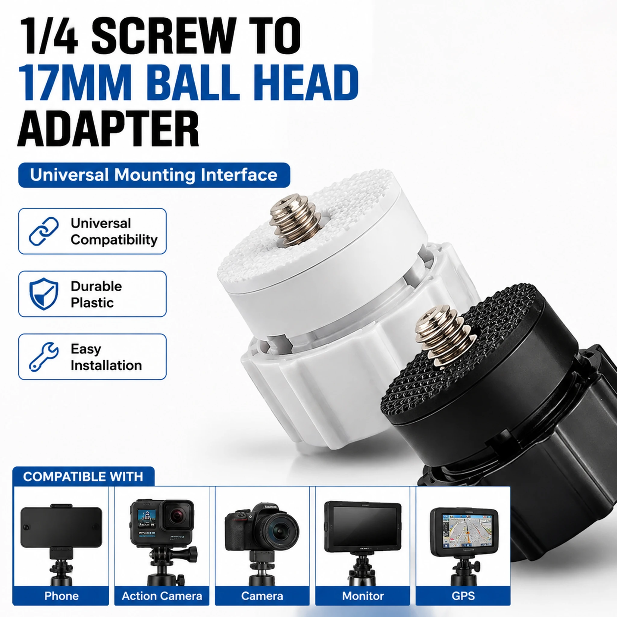 1/4 Screw to 17mm Ball Head Adapter, 17mm Ball Mount Adapter for Camera Phone Car Mount Tripod GPS Bracket, 1/4 Thread Connector