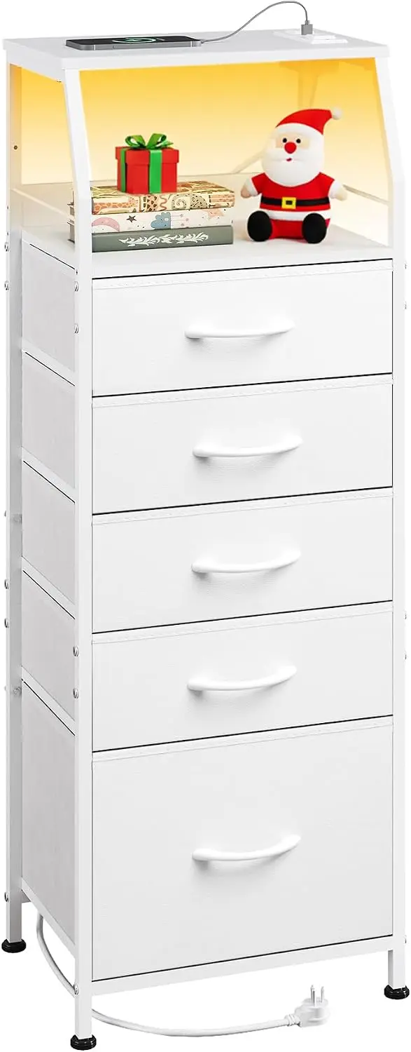 WLIVE LED Nightstand with Charging Station, Fabric Dresser with 5 Drawers for Bedroom, Tall Night Stand with Open Shelves, Bed Side Tables Living Room, Black