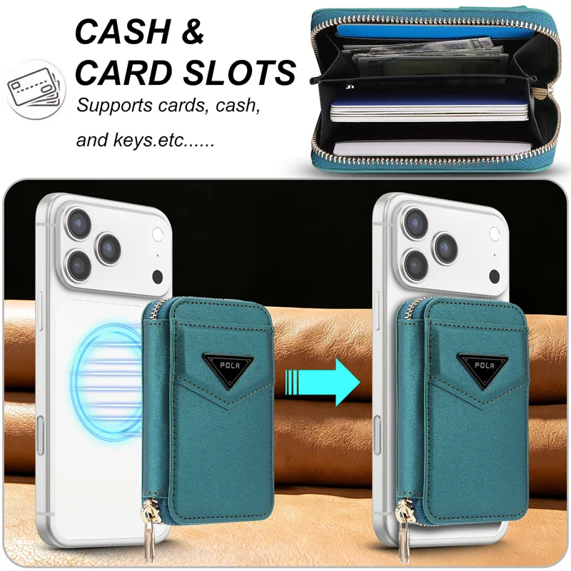 Zipper Wallet Card Holder Case for Apple iPhone 17 Pro Max 16 15 14 13 12 For Magsafe Magnetic PU Leather Phone Back Bag Cover view 4