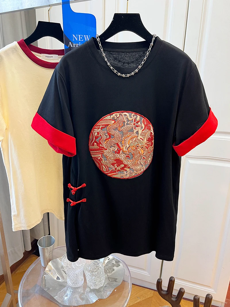 Black Red Contrast Cotton T-shirt with Dragon Phoenix Embroidery Frog Buttons Women's New Chinese Style Casual Short Sleeve Top