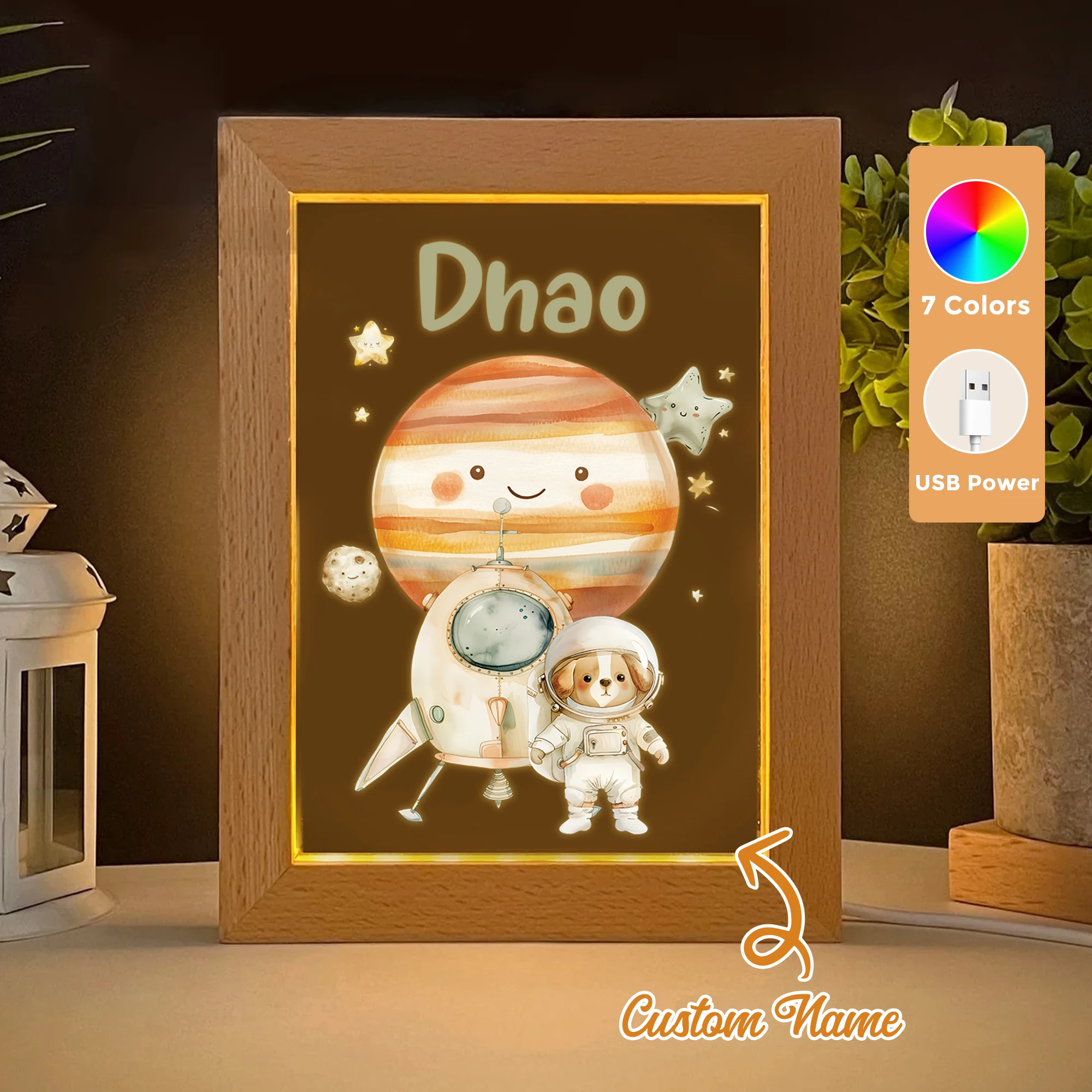 

2D Flat Custom Name Puppy Astronaut LED Acrylic Night Light Wood Photo Frame 21x17cm Cartoon Children Bedroom Gifts Home Decor