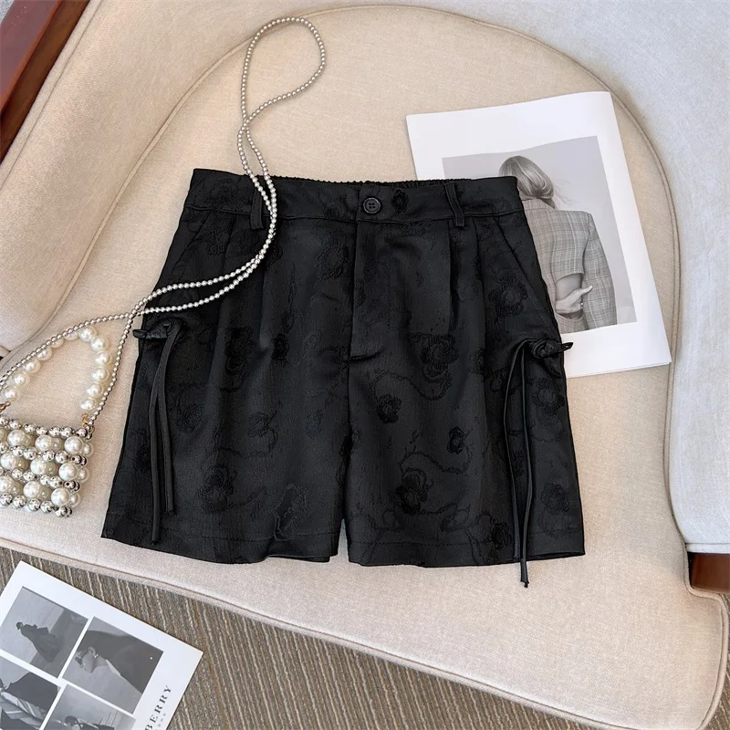 

Vintage Embossed Jacquard Casual Shorts Summer Fashionable Women's Pants Chinese Style High-Waisted Wide-leg Shorts