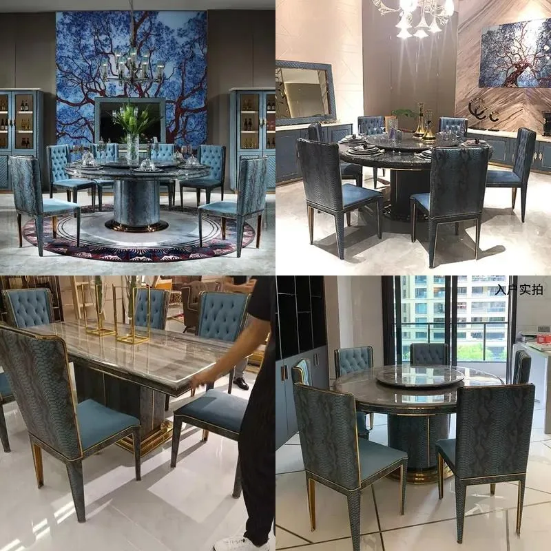 Light Luxury Modern Minimalist Natural Marble Turntable Round Dining Table with Snake Skin Pattern