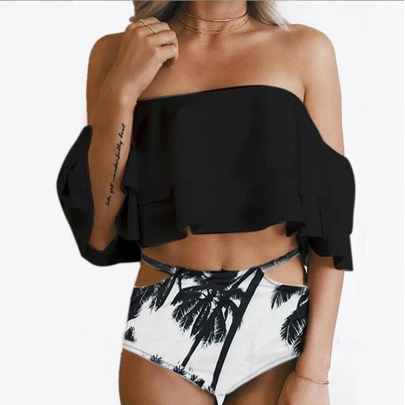 Modne kobiety strój kąpielowy z liśćmi bikini we wzory marszczona biustonosz stroje kąpielowe stroje kąpielowe push up kobiet zestawy bikini wysoki stan