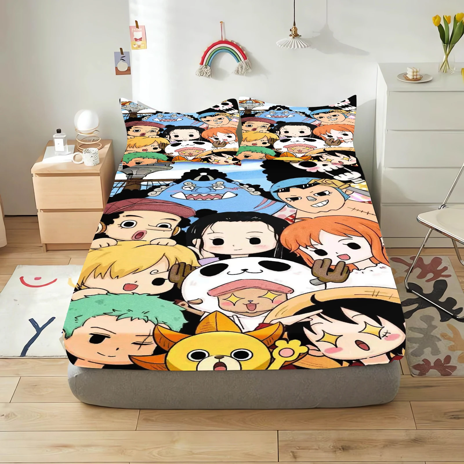 Monkey D Luffy Fitted Sheet One Piece Polyester Children Cartoon Skin-Friendly Elastic Sheets Soft Breathable Cute Printing