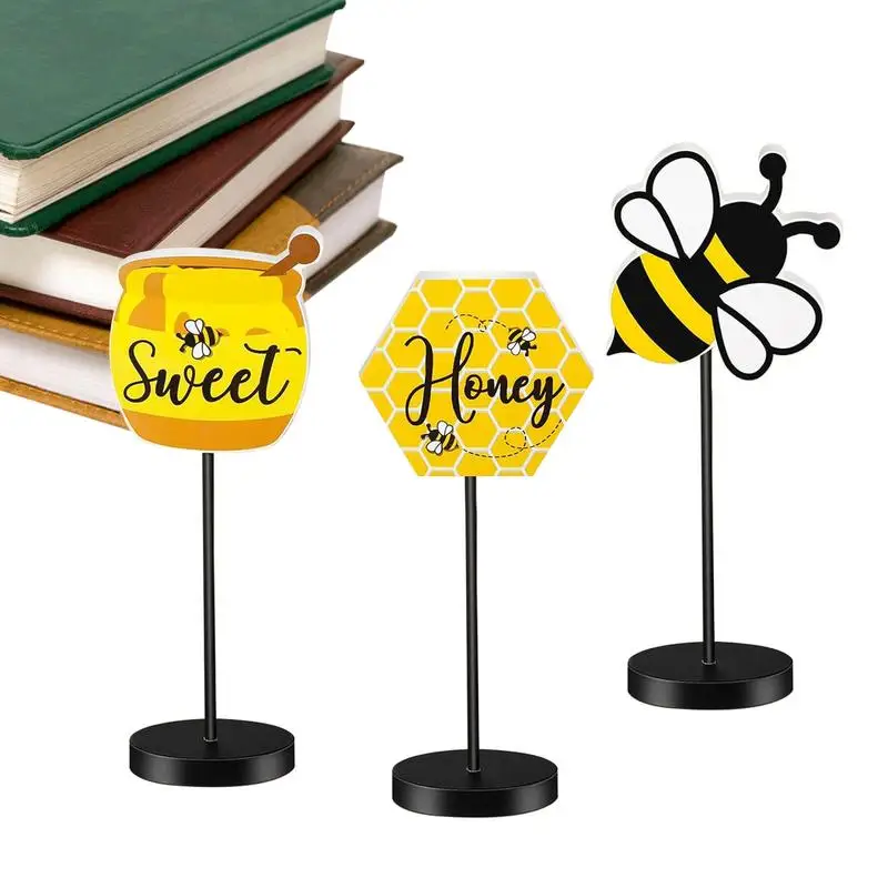 Bee Wood Table Sign 3 Pieces Honey Standing Table Sign Freestanding Rustic Bee Table Topper Summer For Bee Tiered Tray Party