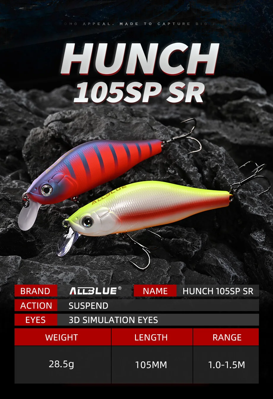 ALLBLUE HUNCH 105SP SR Angelköder Shad 105 mm 28,5 g Suspend Wobbler Minnow 1–1,5 m künstlicher Hartplastikköder Bass Pike Tackle – Detail 1