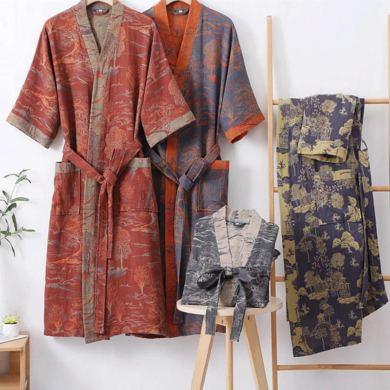 

Women's Kimono Night Gown New Printed 100% Cotton Sleepwear Nightdress Lounge Spring Autumn Home Robes Knit Woman Bathrobe
