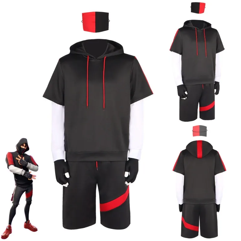 Juego Royale Ikonik disfraz de Cosplay Anime piel uniformes para batalla conjunto completo Sudadera con capucha negra traje para adulto traje de Halloween