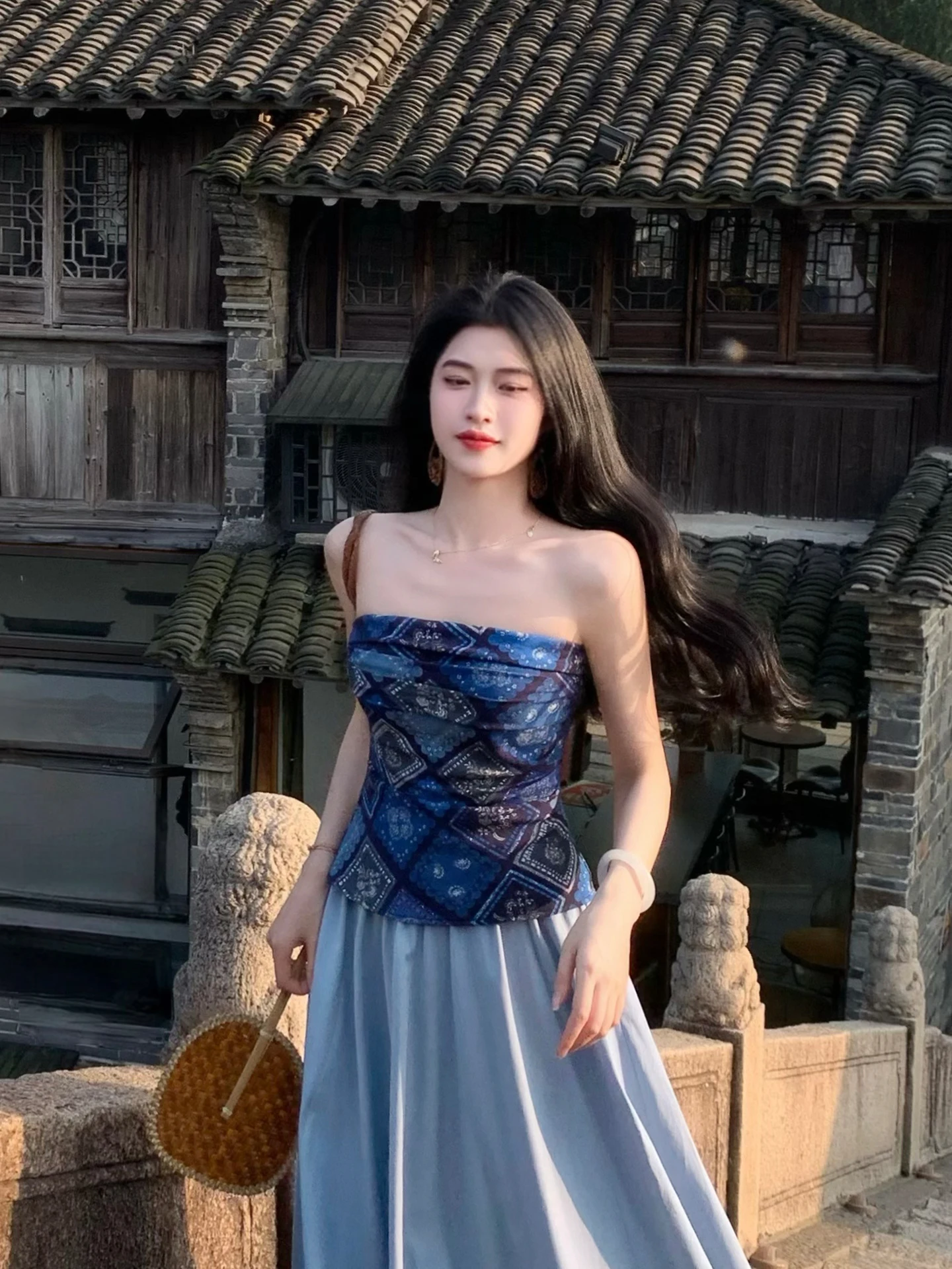 

Qing Glaze Slim Fit Set Women's Summer High Waist Midi Skirt Print Pattern Casual Fashion Ensemble Spring Summer Collection