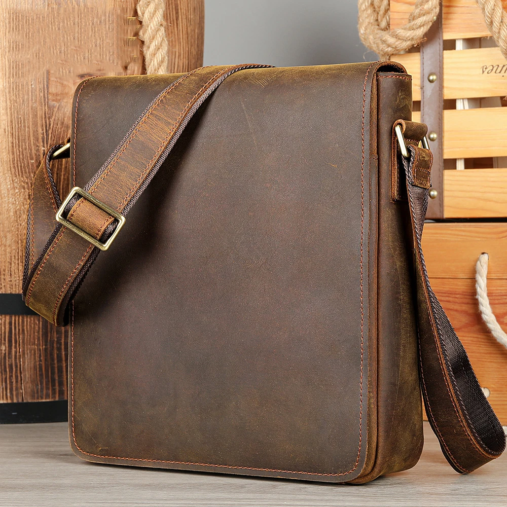 Bolsa de ombro de couro genuíno masculina, bolsa tiracolo, sacos mensageiro para ipad, sacos de estilinete masculino, moda vintage, 7,9 \