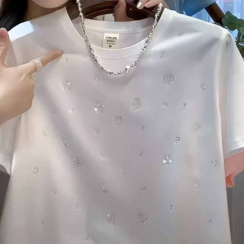 Tops T-shirts Women's Summer Short-sleeved Diamond New Comfortable Minimalist Casual Niche Versatile Distinctive Fashionable