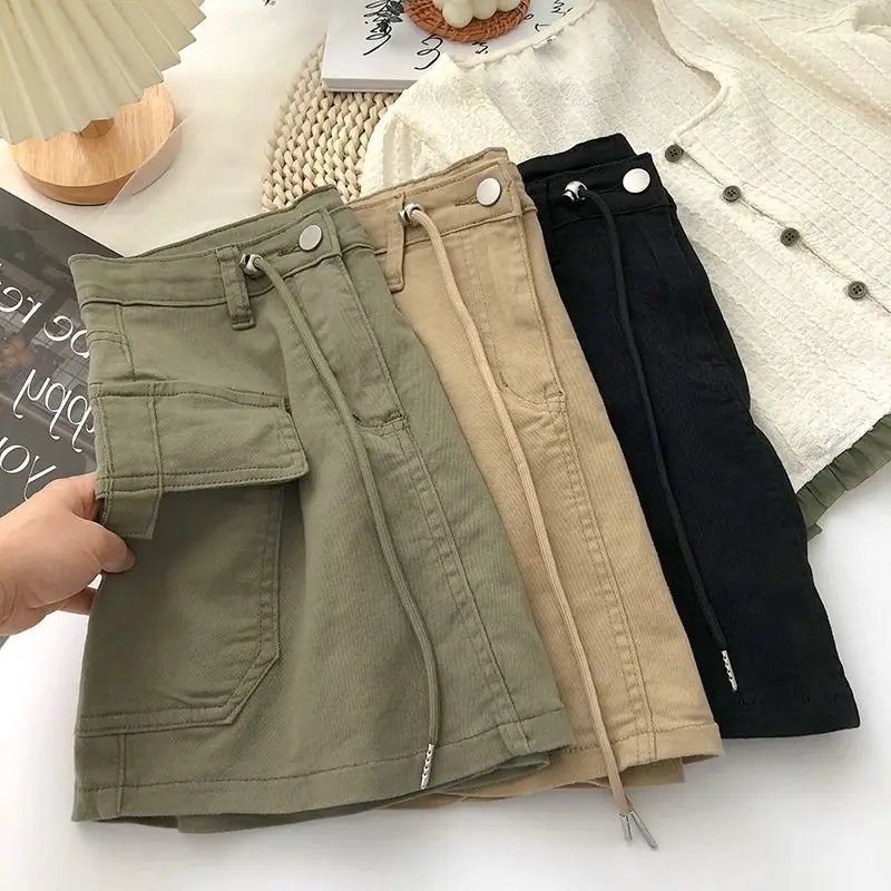 

High Waist Mini Skirt Women Drawstring Denim Korean-style Summer New Vintage All-match Hot Sweet Girls Trendy Solid Street Wear