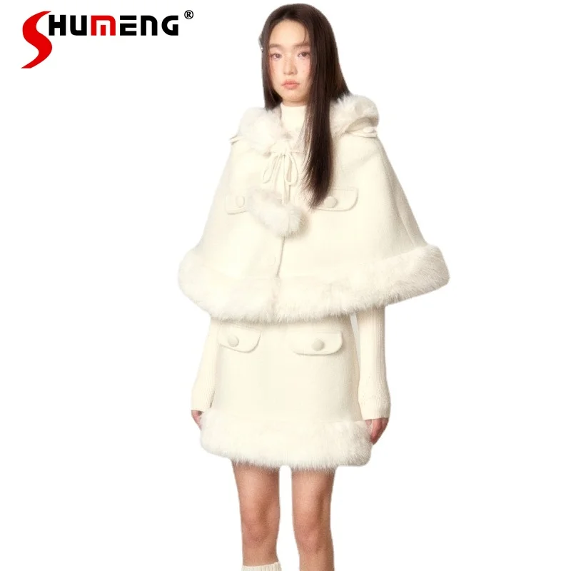 

Japanese New Style Fashion Design Socialite Hooded Fur Collar Woolen Milky White Cape Suit Short Skirt 2024 Early Spring Clothes