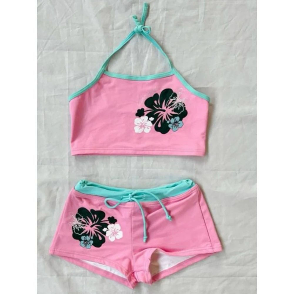 Retro Hawaiian hibiscus print two-piece women's hanging neck short sling drawstring casual shorts beach holiday suit.