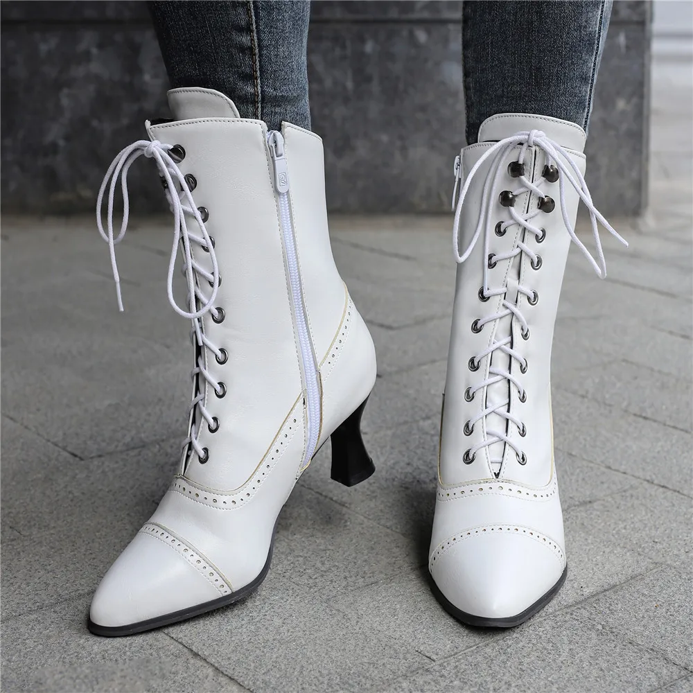 2024 New Lace Up Ladies High Heel Shoes Strange Steampunk Boot Victorian Ankle Boots Women Pointed Toe Thick Soled Short Boots