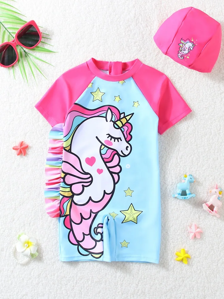 

One Piece Kids Girls Swimsuit 2025 New Rainbow Horse Cartoon Bodysuit Children Swimwear Summer Short Sleeve Beach Bathing Suits