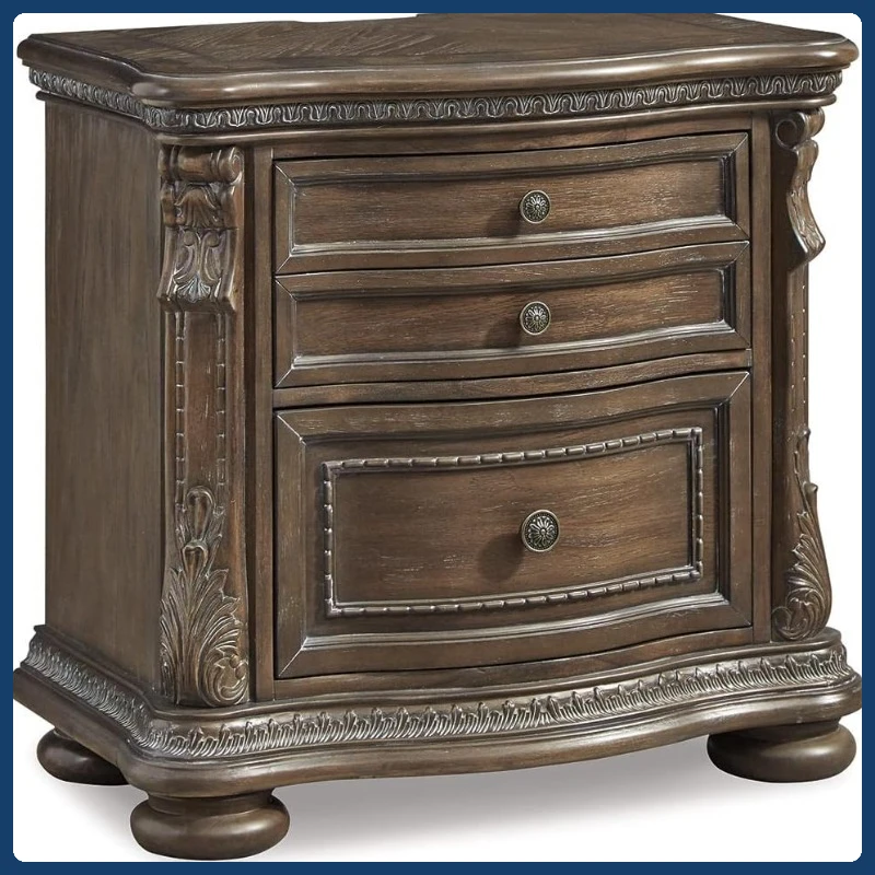 Mesita de noche de 3 cajones de roble marrón oscuro - 2 forradas de fieltro, 2 salidas + 2 USB