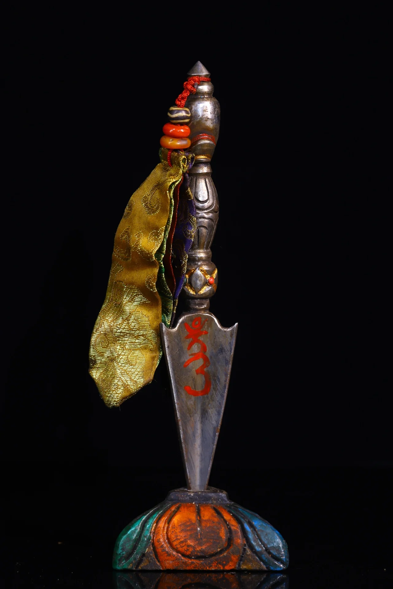 

11"Old Xizang Folk Collection Old Tiantie Painted Skull Double Head Vajra Phurpa Amulet Bodhi Root Base Worship Hall Town house