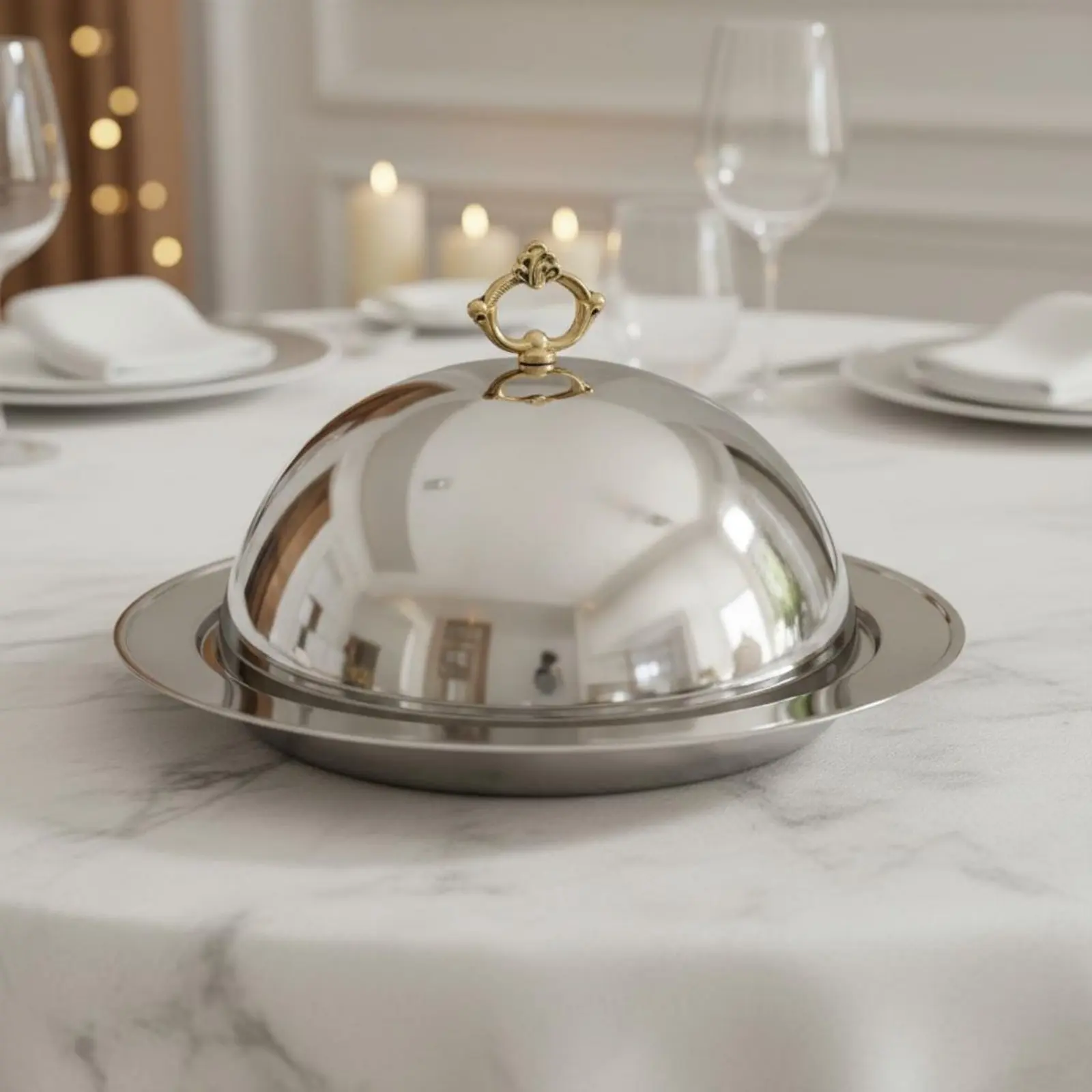 Stainless Steel Serving Platter with Lid High-End Steak Plate with Cover Cloche Food Cover Polished Finish for Hotel, Restaurant