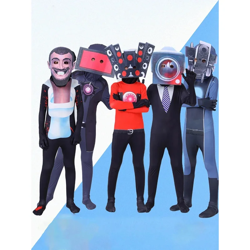HN8 เกม Skibidi ห้องน้ําคอสเพลย์เครื่องแต่งกายผู้ใหญ่เด็ก Canival ปาร์ตี้ฮาโลวีนบอดี้สูทลําโพงทีวีกล้องวิดีโอ Jumpsuit หน้ากาก Fo8...Gf