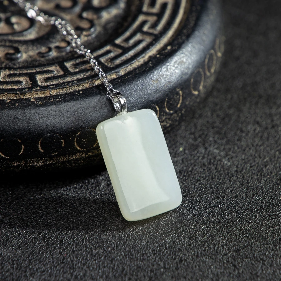 

TIMESWIND Simple Natural Jade White Square Pendant S925 Silver Women Necklace with Certificate