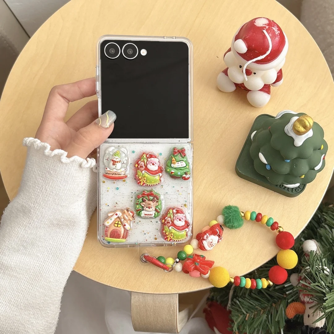 

Merry Christmas Tree Elk Glitter Epoxy Phone Case For Samsung Galaxy ZFlip7 6 5 4 3 Z Fold 6 3D mini Santa Claus Y2K Clear Cover
