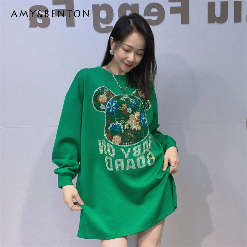 

2026 Spring New Rhinestone Cartoon Fashion Crew Neck Loose Sweatshirt Top For Women's Spring Autumn New Mid-Length Top Sudaderas