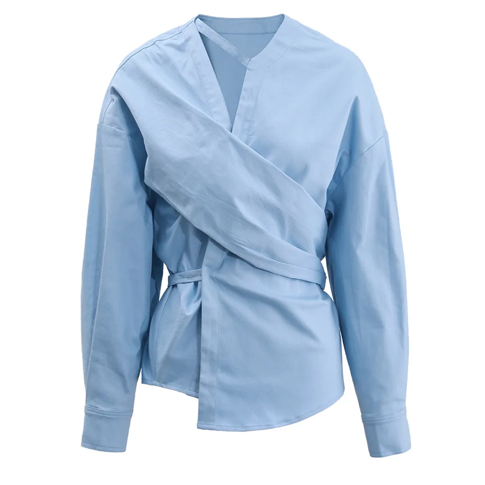 Chemise en coton bleu pour femme, col en V sexy, manches longues, tenue de bureau formelle, manteau pour femme, printemps, été