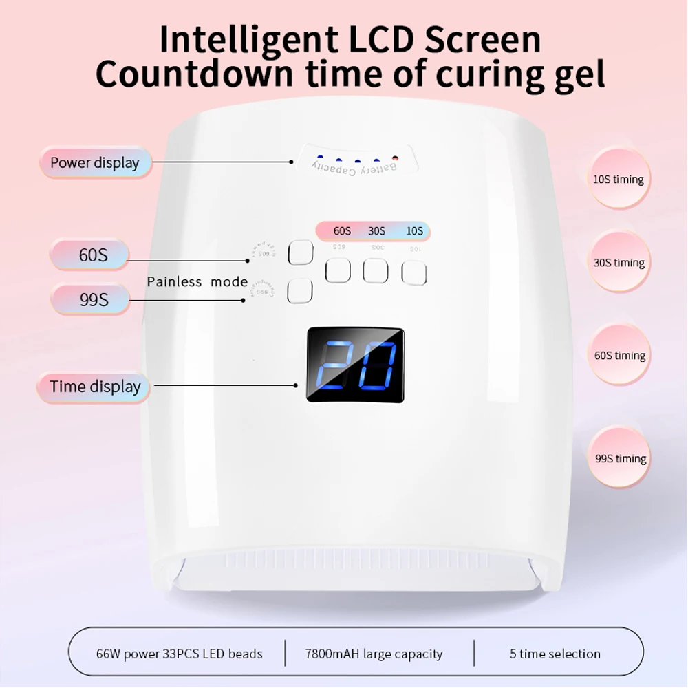 Wireless UV LED Nail Lamp 66W Lamp For Nail 33LEDS 7800mAh Rechargeable Curing Lamp with 4 Timer Settings Nail Art Manicure Tool
