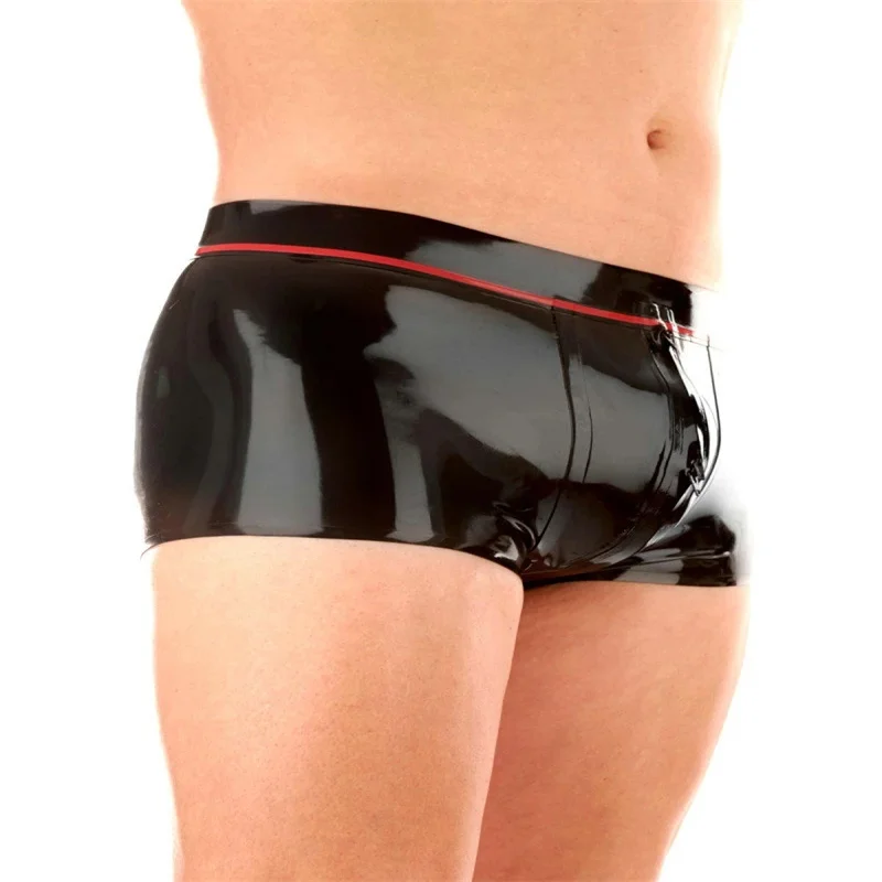 Latex Panties Sexy Men Underwear with Crotch Zipper Fetish Rubber Shorts Black with Red