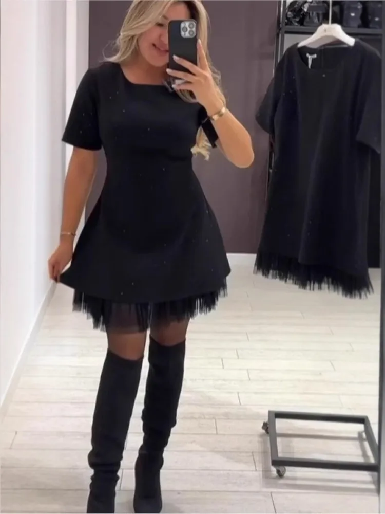 فستان كاجوال أنيق لربيع وصيف نمط جديد حار حجر الراين هيم شبكة الصلبة فساتين راقية للنساء فستان مناسبات قصيرة الأكمام #4