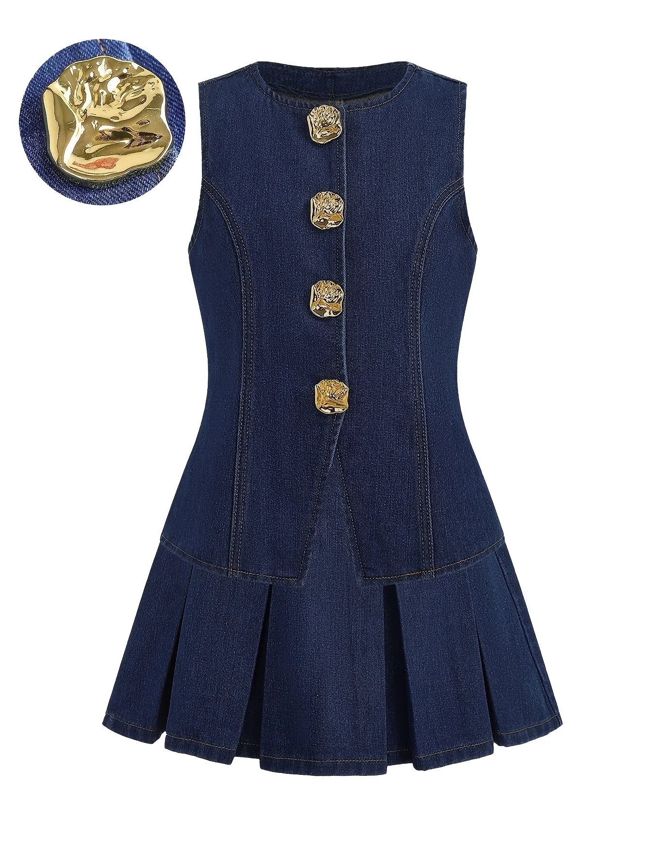 Two-piece set of sleeveless denim skirt for girls, featuring gold textured buttons, a fitted waist, and a pleated hem; a preppy