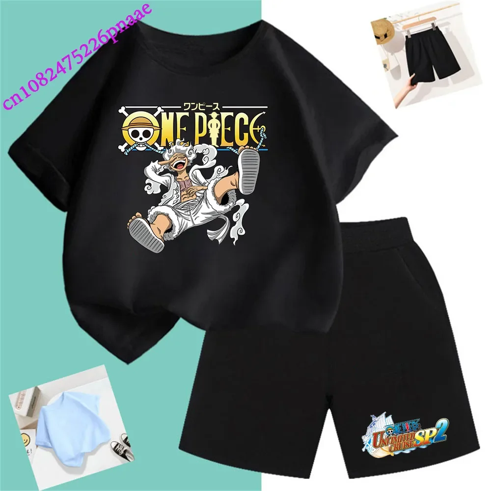 One Piece Pirate King Fashion Summer 2024 Cheap Girl Short T Shirt Kid Clothes Shorts Child Set Fashion Kawaii O-neck T-shirt