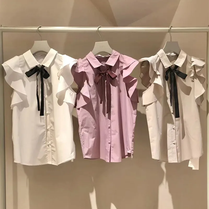 

Ruffles Patchwork Flying Sleeve Shirts Tops Sweet Chic Bow Lace Up Lapel Neck Blouses Women Elegant All Match Blusas Mujer