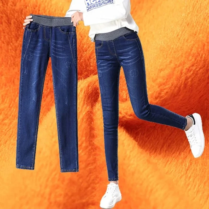 Jean crayon en velours taille haute élastique pour femme, pantalon en denim skinny en peluche délavé, surdimensionné 38, optique chaude décontractée, hiver