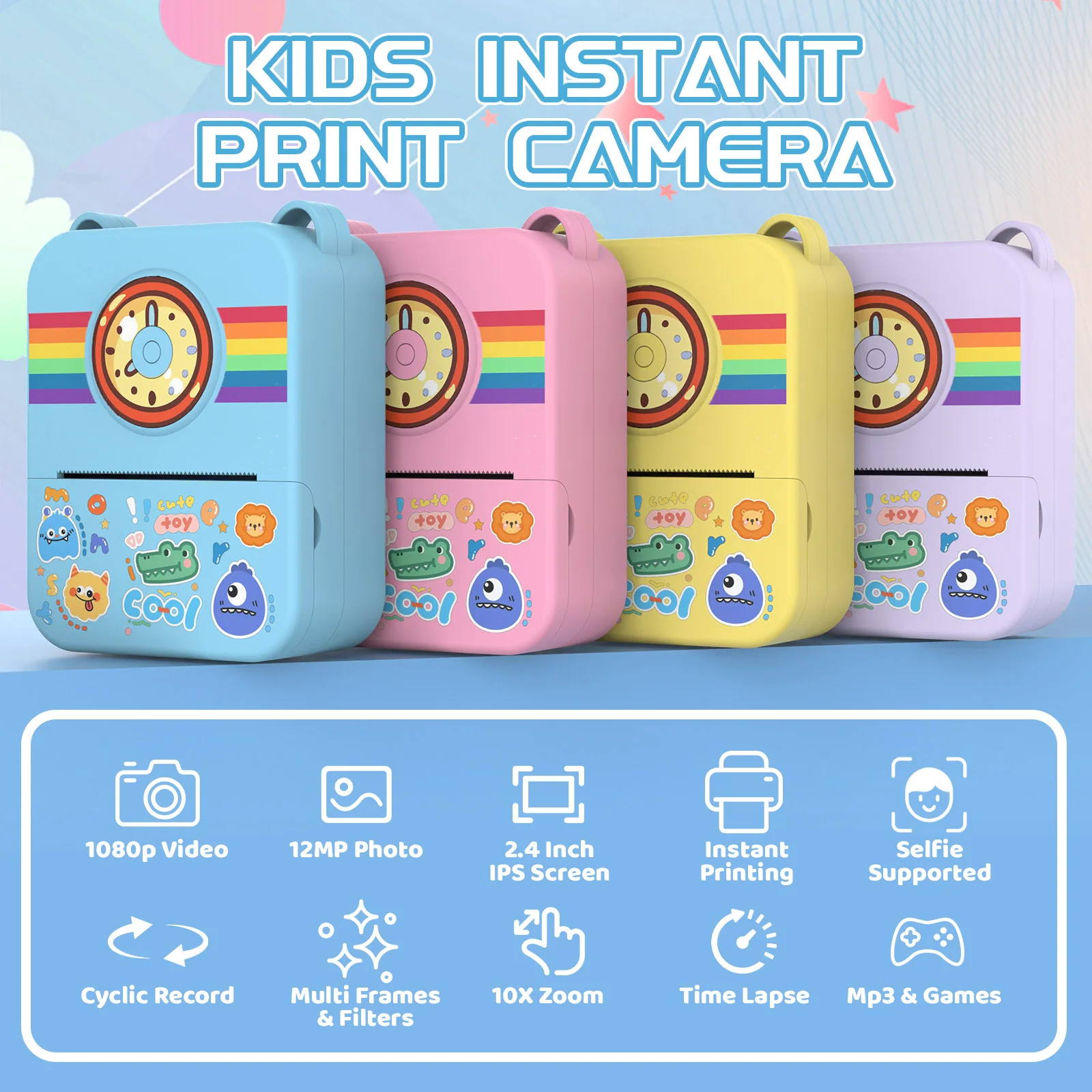 Digital Children Camera 1080P HD Video Recorder with Instant Print Mini Thermal Printer Educational Birthday Gift for Kids