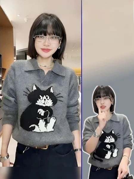 

Мягкий пушистый вязаный свитер больших размеров с мультяшным дизайном, отложным воротником, длинными рукавами, в повседневном французском стиле, новинка весны