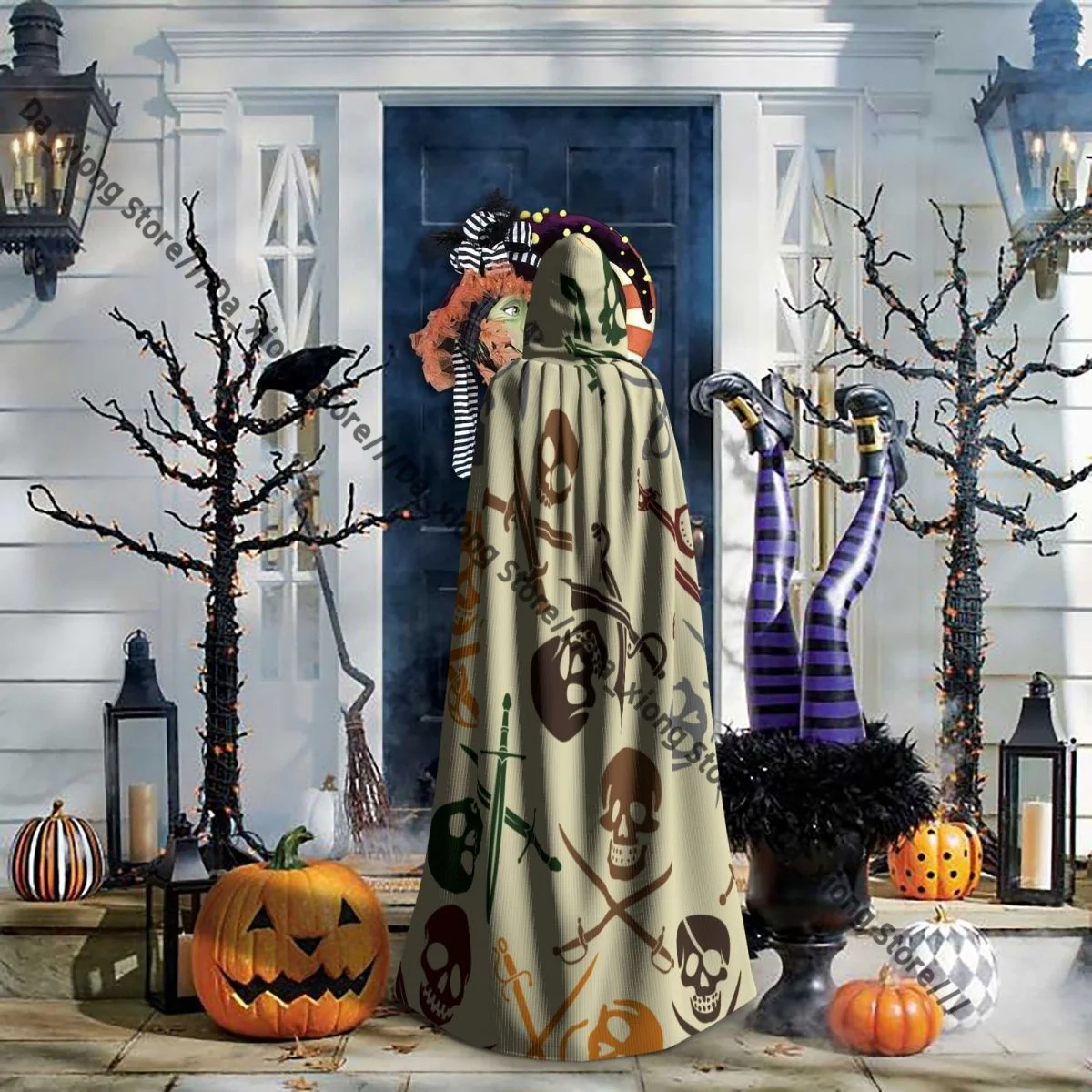 الجماجم القراصنة مع السيوف المتقاطعة نمط الساحرة عباءة زي الهالوين التأثيري الكبار للجنسين عباءة الرجعية العصور الرأس #6