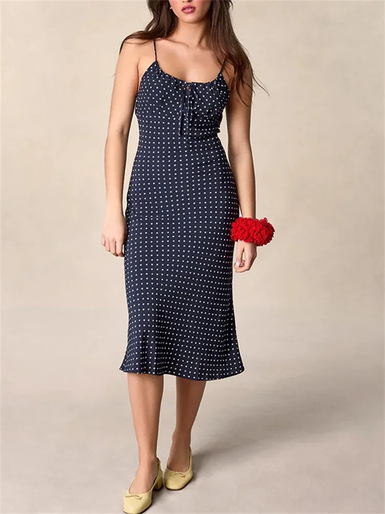 

French Women Lace-up Square Collar Holiday Slim Long Dresses Female Floral Print Hanging Strap Midi Dress
