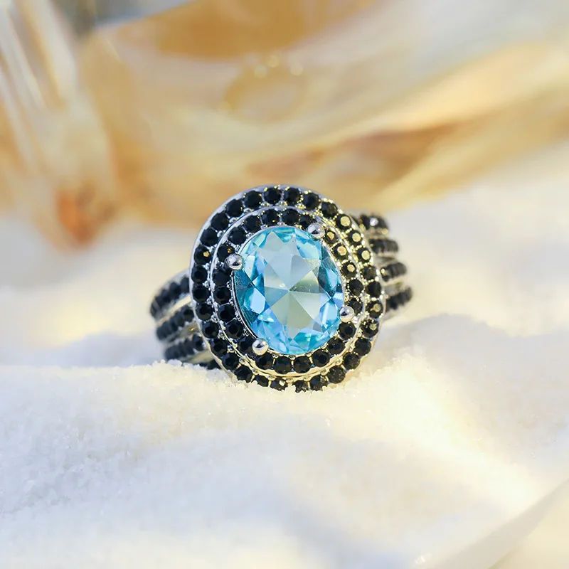New Color Light Zircon Ocean Heart Set Sapphire Ring for Men and Women Fashion European and American Alloy Rings