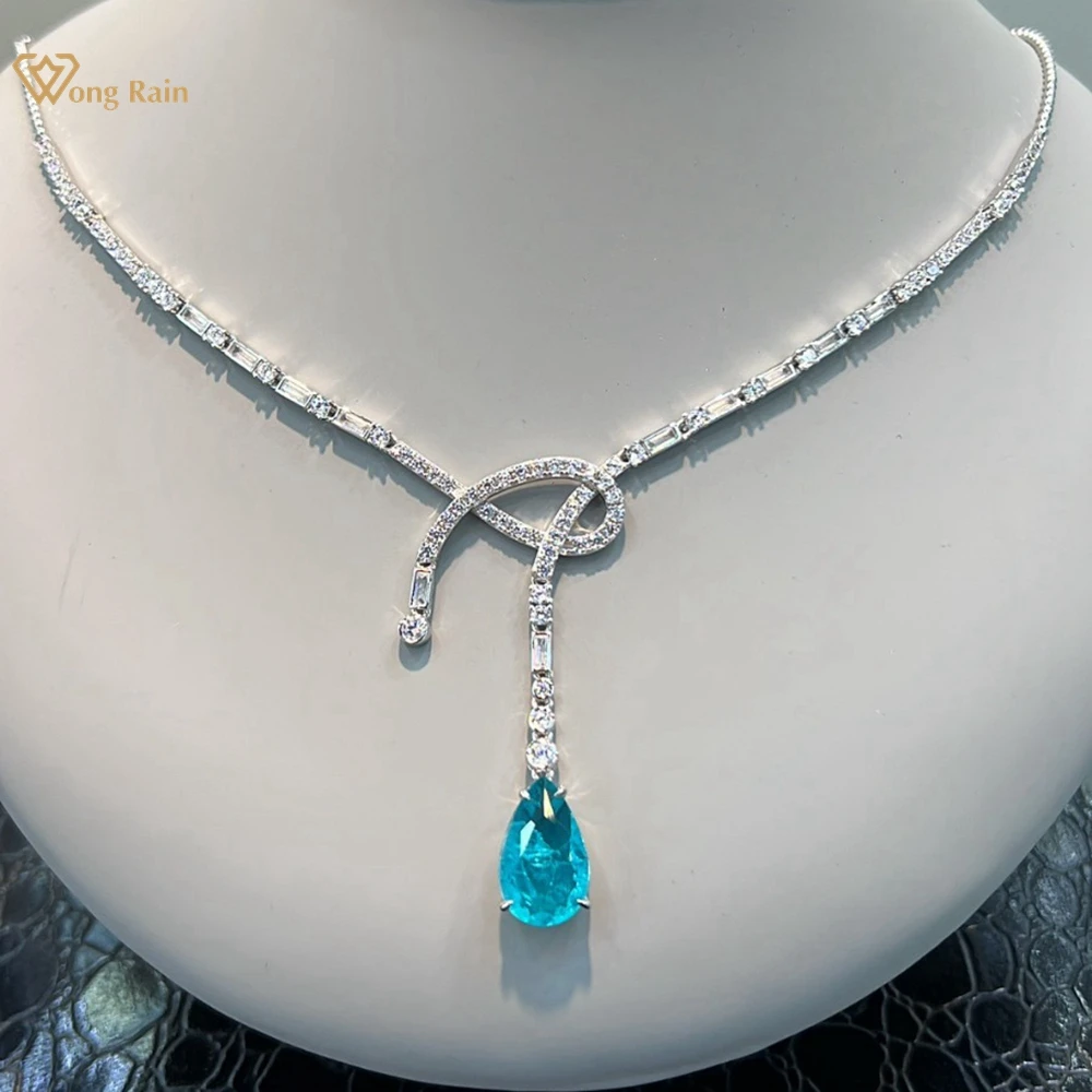 Wong Rain Vintage 100% 925 Sterling Silver Pear Cut Paraiba Tourmaline High Carbon Diamond Gems Necklace Pendant Fine Jewelry