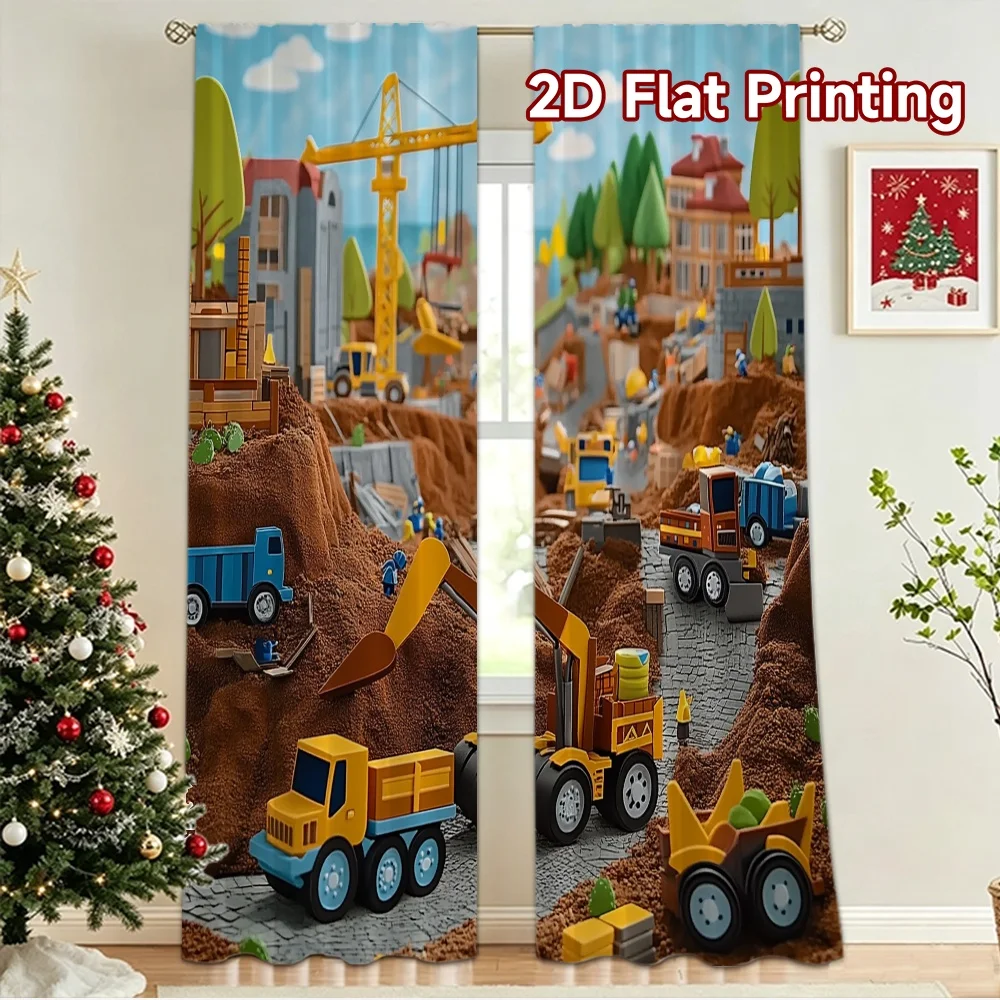 2D flat 2pcs Curtain French Romantic Style Busy Construction Site Durable polyester fiber Festive Wall Decor Use for All Season